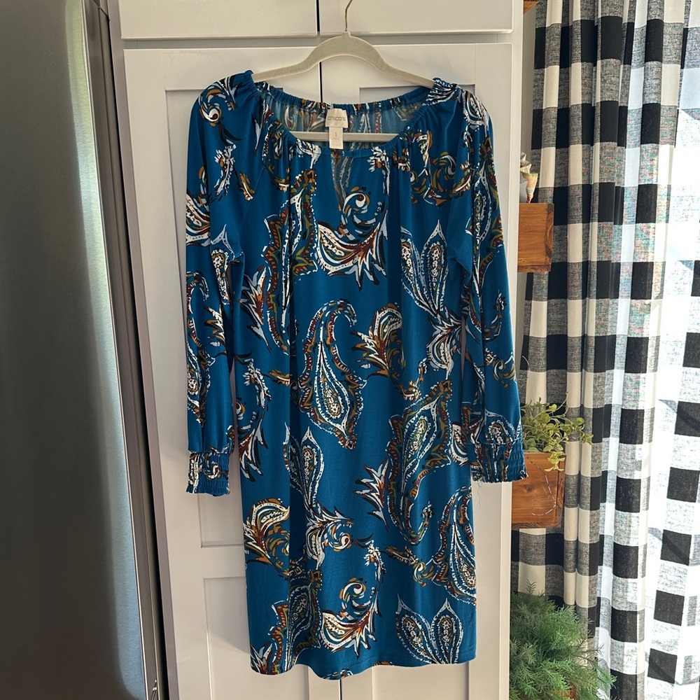 Chico's Vibrant Blue Paisley Long Sleeve Dress